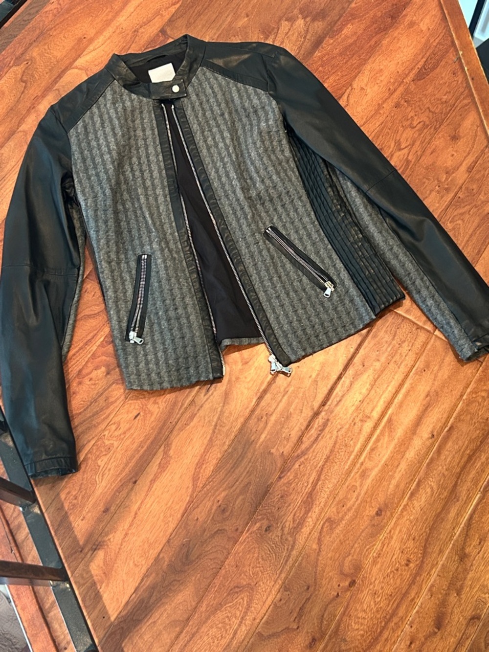 BROGDEN Vintage Italian Leather Trimmed Grey Knit Moto Jacket Size XXL